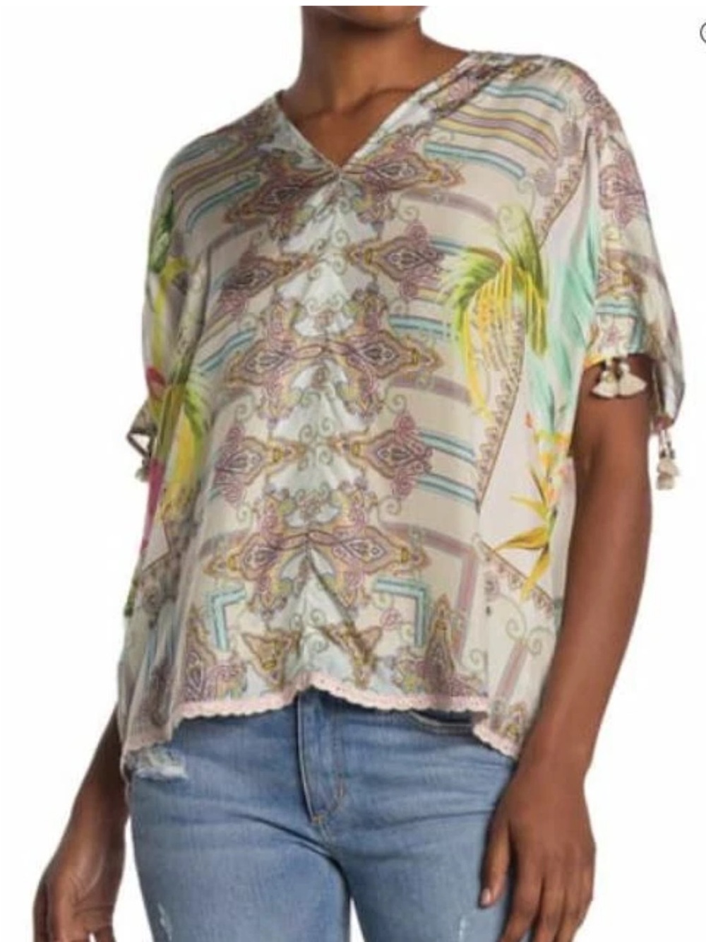 Johnny Was Pastel Multi Boho V-Neck Tassel Sleeve Top